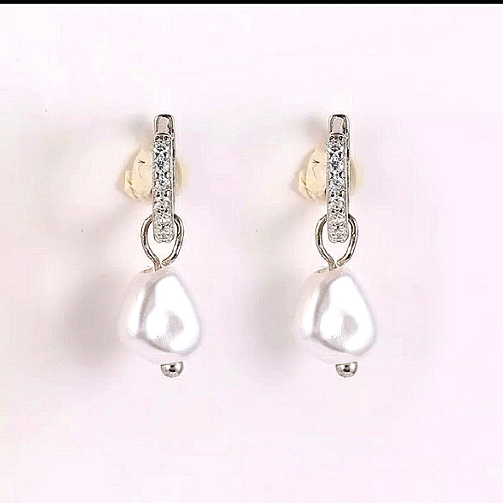 925 STERLING SILVER CRYSTAL DIAMOND CZ DANGLE PEARL HUGGIE STYLE HOOPS☆NEW